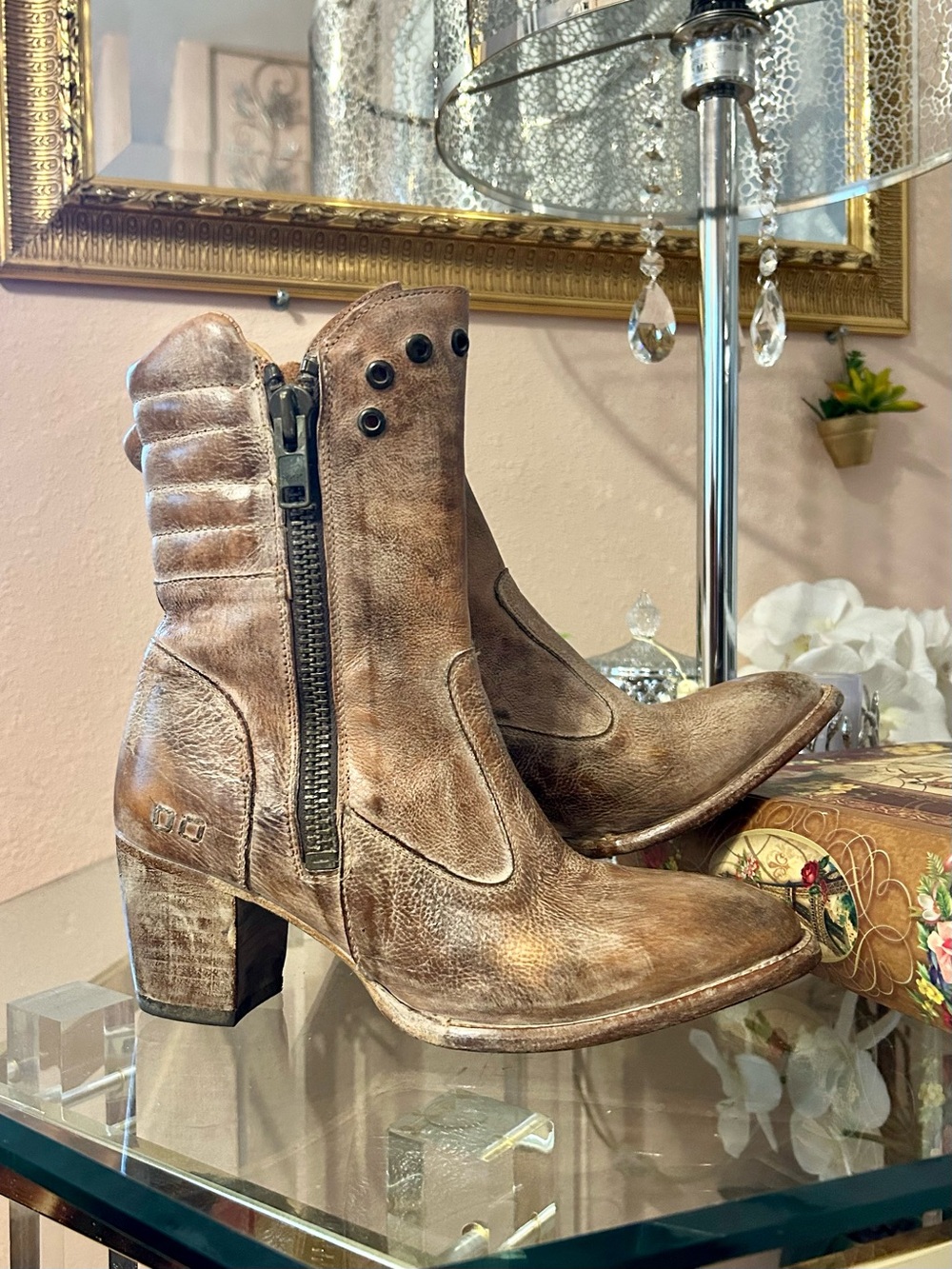 RARE Bed Stu OnRush Distressed Brown Leather Heeled Ankle Boot Side Zip Size 8.5